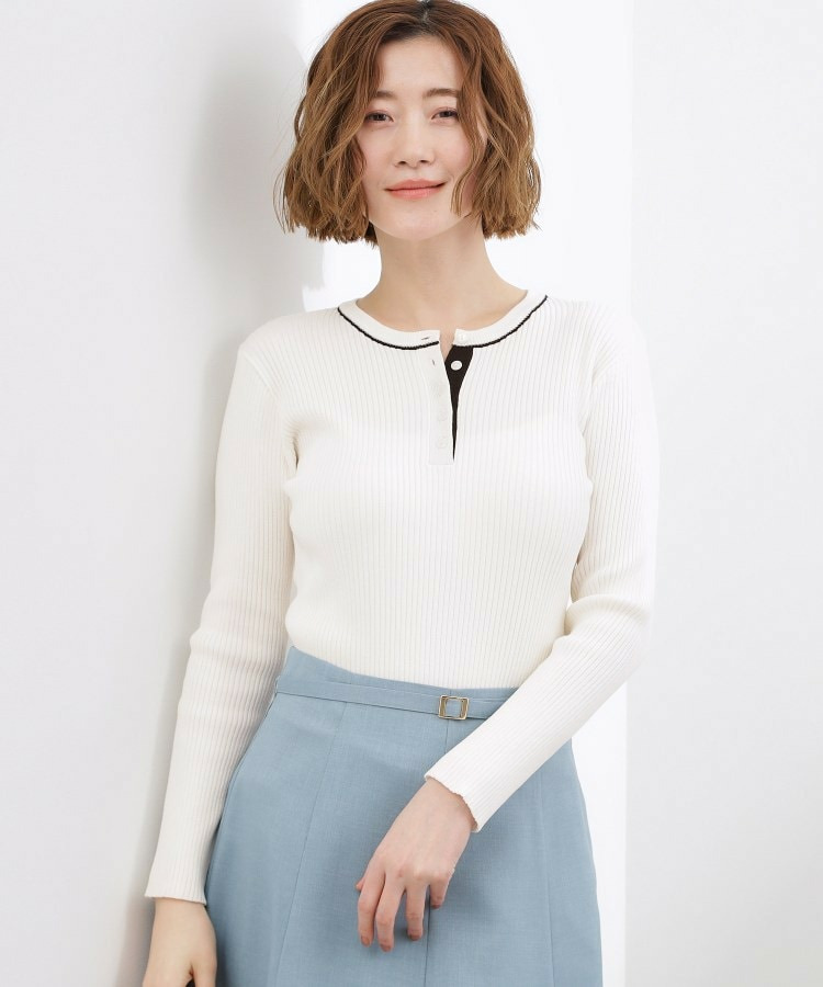 バイカラー ヘンリーネックリブニット