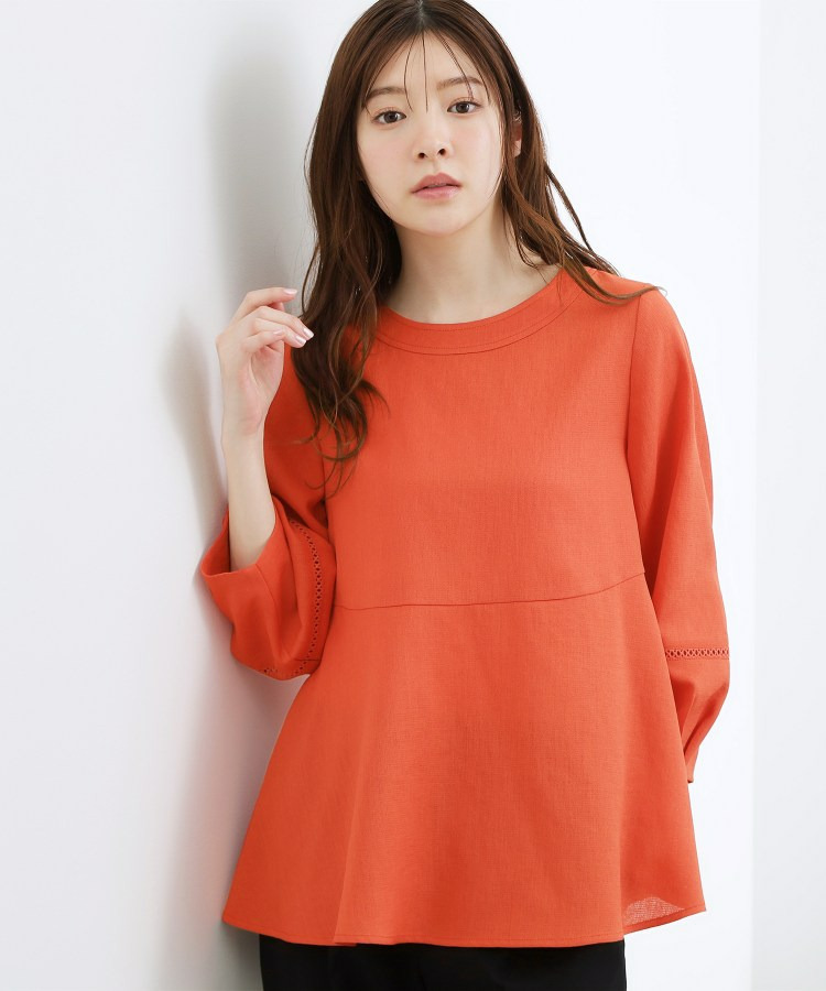 【体型カバーも叶う】麻調メッシュランタンスリーブブラウス
