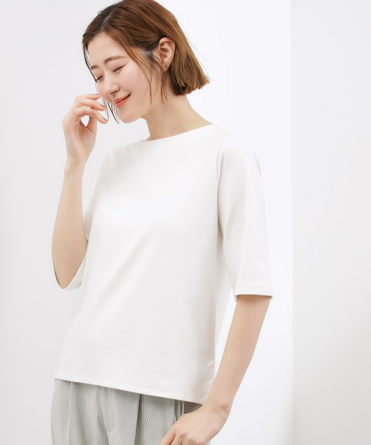 【二の腕カバー/すっきり見え】きちんと素材のボートネックTシャツ2