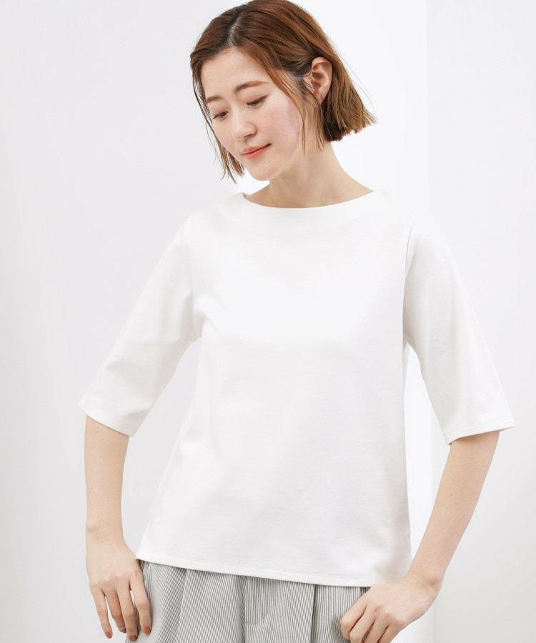 【二の腕カバー/すっきり見え】きちんと素材のボートネックTシャツ1