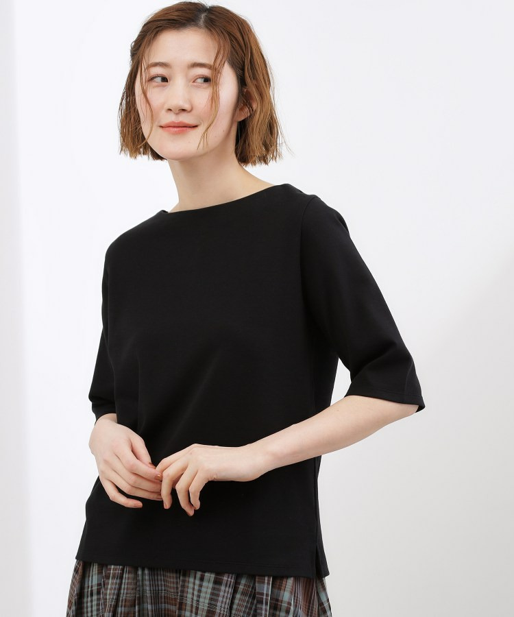 【二の腕カバー/すっきり見え】きちんと素材のボートネックTシャツ1