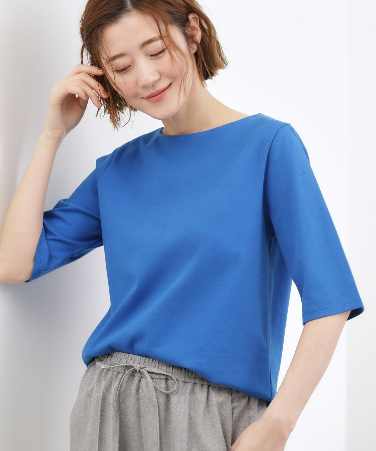 【二の腕カバー/すっきり見え】きちんと素材のボートネックTシャツ1