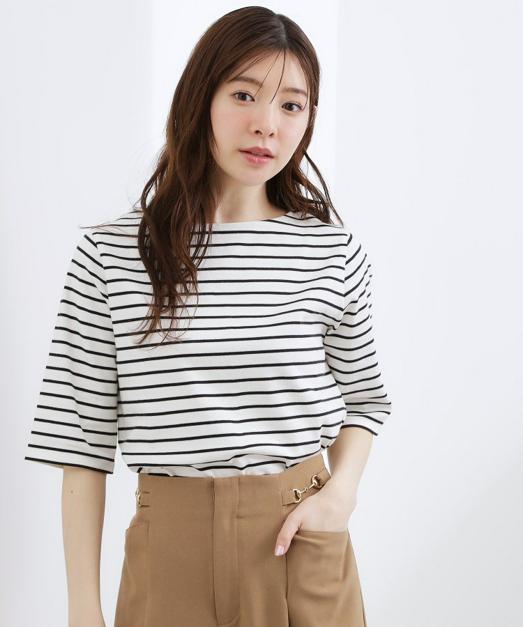 【二の腕カバー/すっきり見え】きちんと素材のボートネックTシャツ1