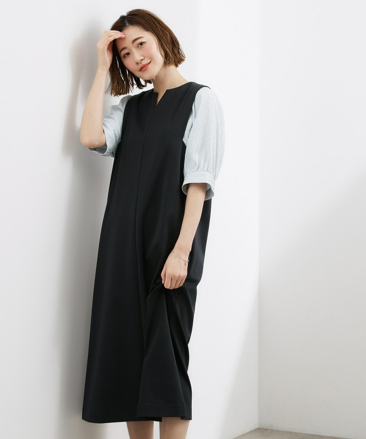 【体型カバー/洗える】袖布帛ポンチワンピース