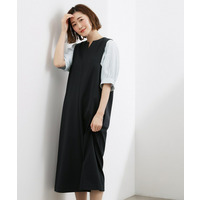 【体型カバー/洗える】袖布帛ポンチワンピース