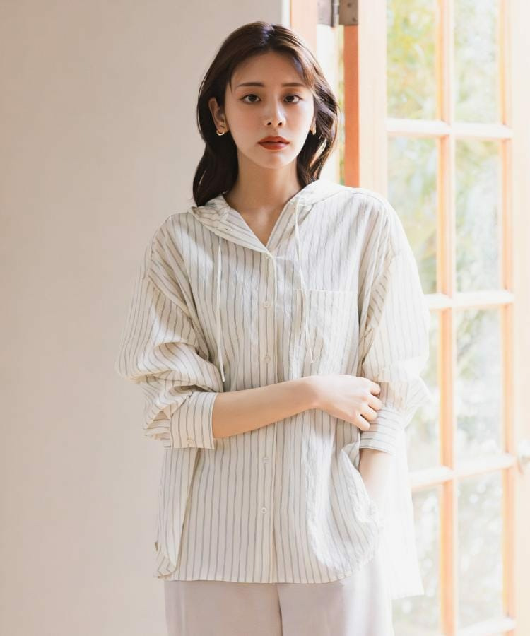 ストライプ フーディシャツ