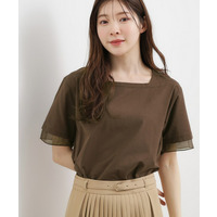 【二の腕カバー】袖口シアースクエアネックTシャツ
