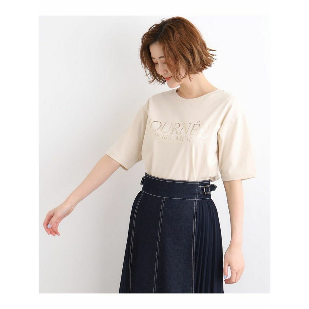 雑誌掲載商品【洗える／UVカット／接触冷感】5分袖ロゴTシャツ ベージュ×ゴールド箔(151) 1