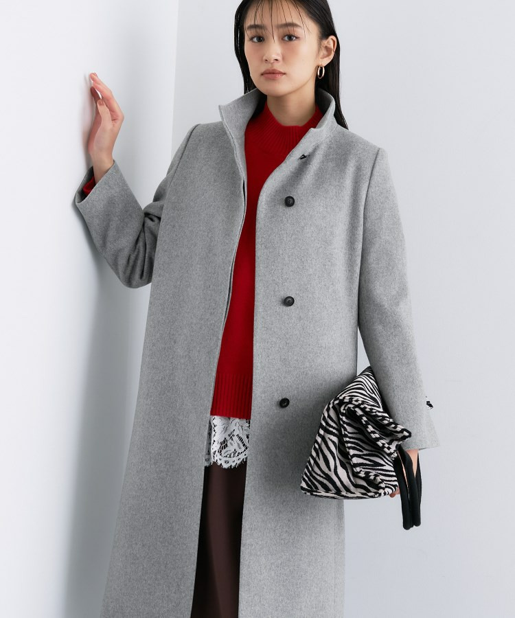 【名品コート/日本製】ウール100%スタンドカラーロングコート1