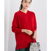 【洗える／チュニック丈／カシミヤ混】スリットデザインVネックニット