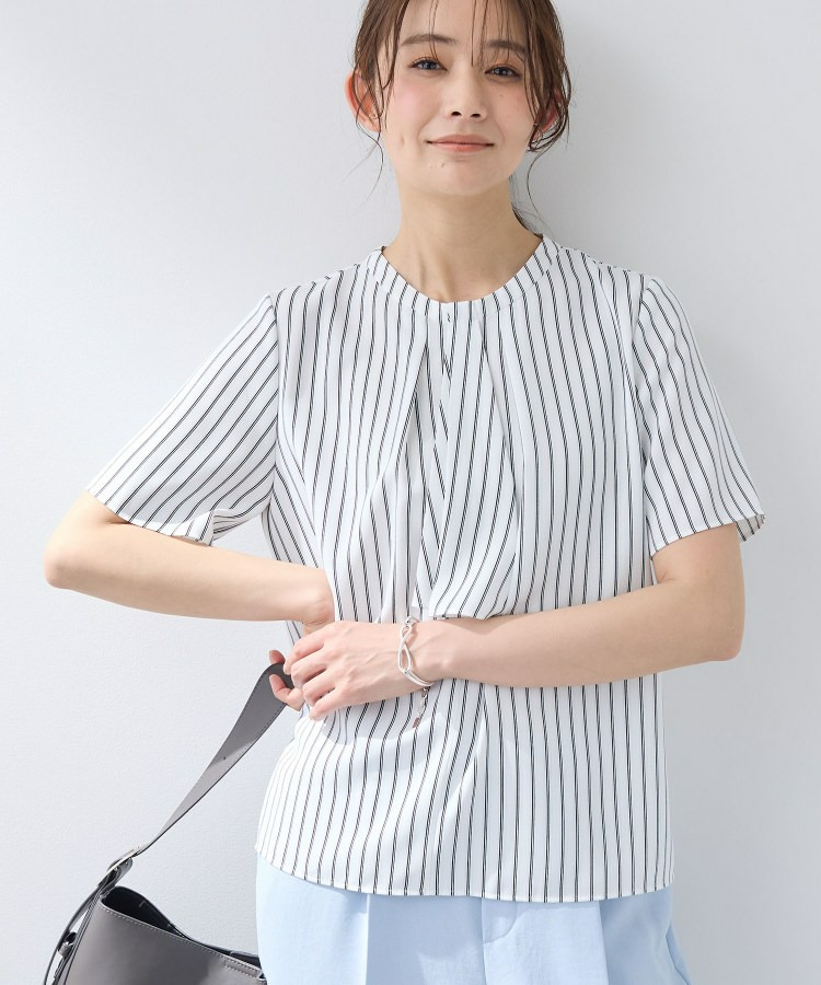 【洗える／UVケア】ストライプ柄＆無地 ボウタイ風 半袖ブラウス