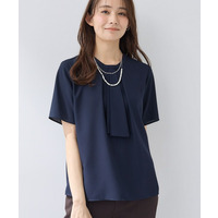 【洗える／UVケア】ストライプ柄＆無地 ボウタイ風 半袖ブラウス