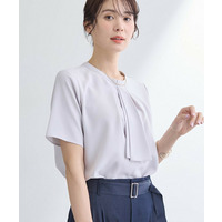 【洗える／UVケア】ストライプ柄＆無地 ボウタイ風 半袖ブラウス