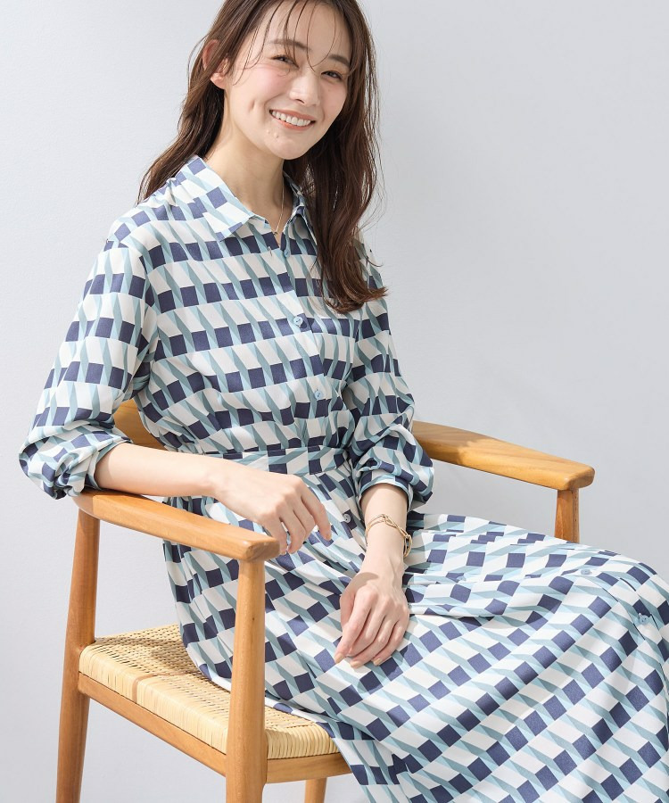 【洗える／2WAY】ベルト付き ジオメトリック柄 シャツワンピース