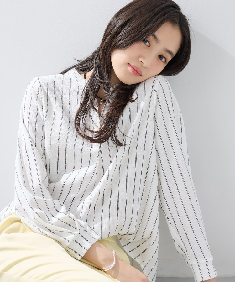 【洗える/着心地楽ちん】ブラウス風ストライプカットソートップス3