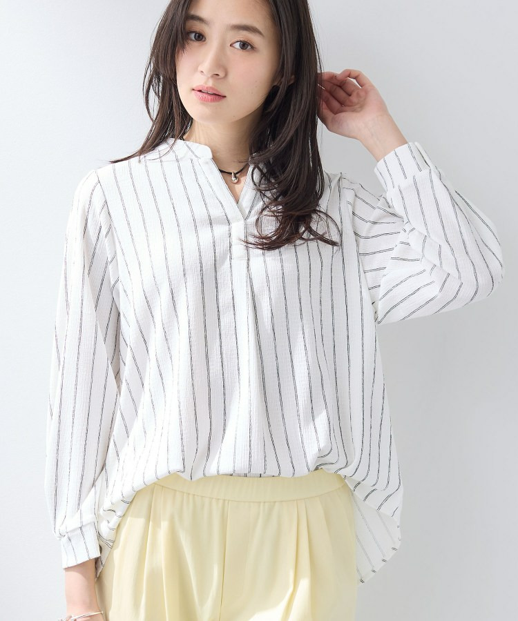 【洗える/着心地楽ちん】ブラウス風ストライプカットソートップス1