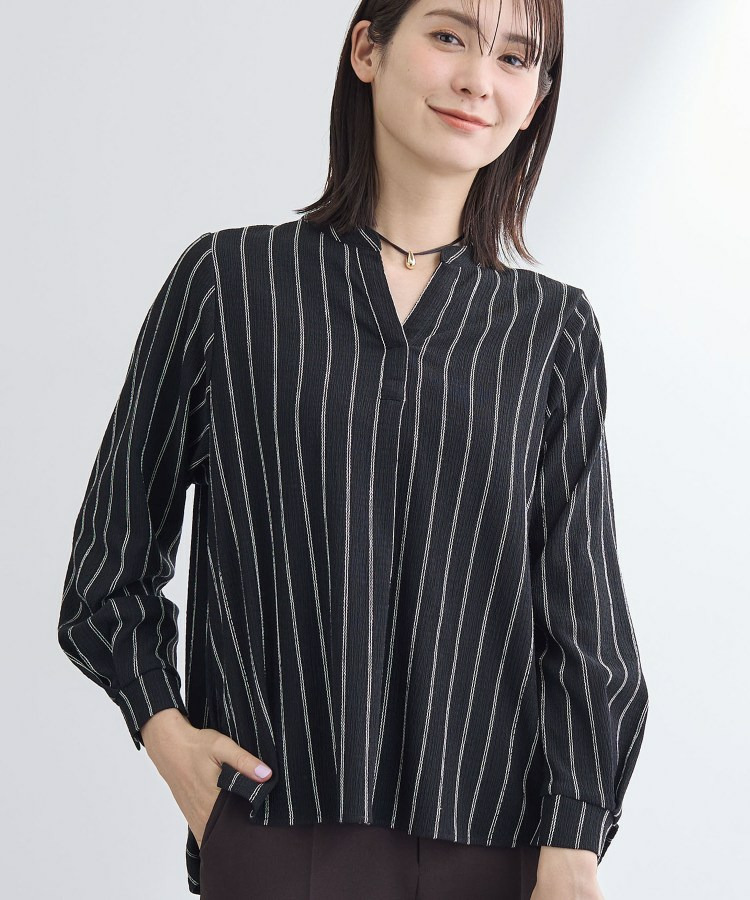 【洗える/着心地楽ちん】ブラウス風ストライプカットソートップス1