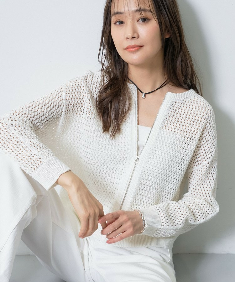 【洗える／コットン】メッシュジップニットカーディガン