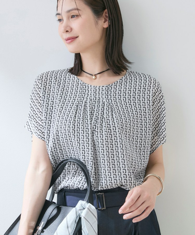 【洗える】無地＆チェーン柄 ギャザートップス