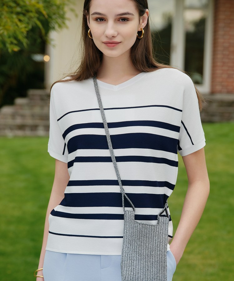 【洗える】ガーター編みVネックニットT