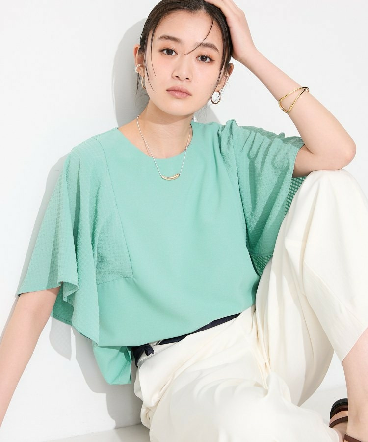 【洗える／シアーチェック柄】異素材コンビスリーブトップス