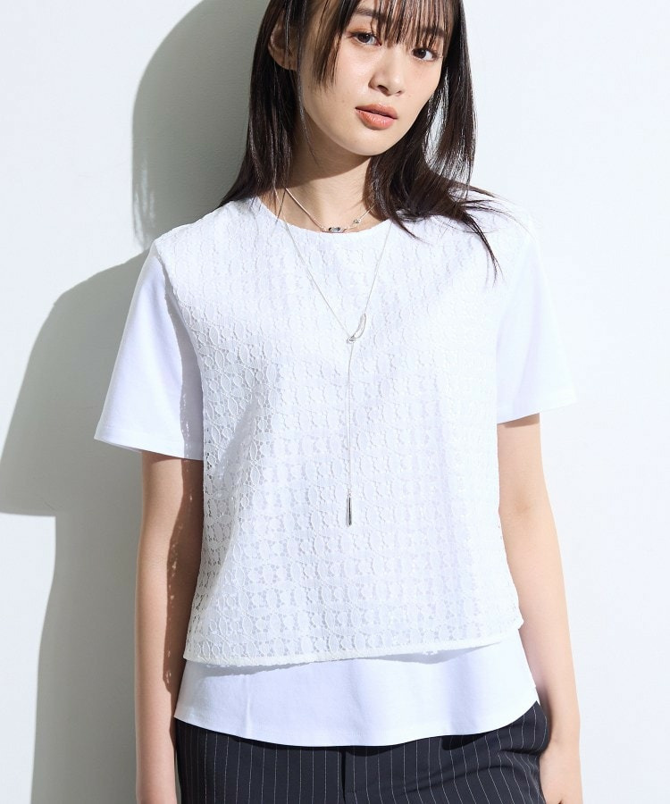 【洗える】レイヤード風レースコンビTシャツ