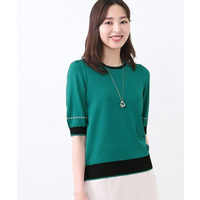 【WEB先行カラーあり／手洗い可／アンサンブル可】バイカラー五分袖ニット