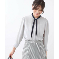 【配色ボウタイ付き】八分袖ジョーゼットブラウス