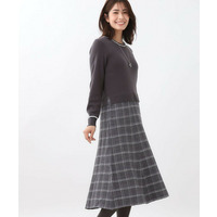 【秋映え／コートインでもすっきり◎】チェック柄ニットドッキングワンピース