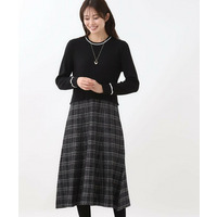 【秋映え／コートインでもすっきり◎】チェック柄ニットドッキングワンピース