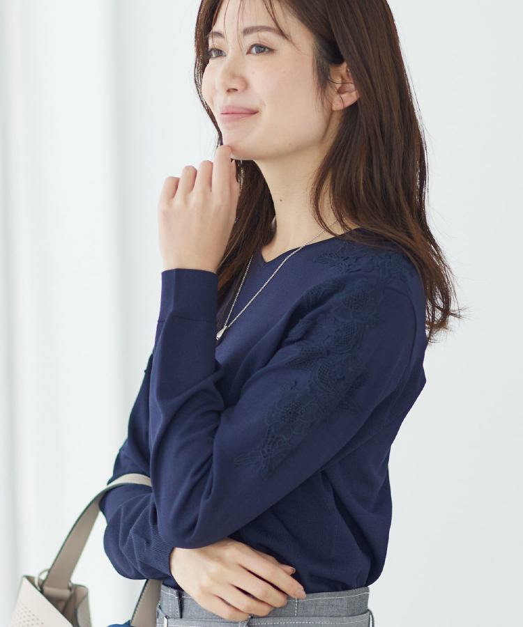 レースデザインスリーブニットプルオーバー1