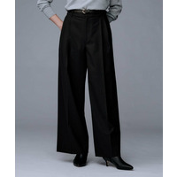 【洗える/ウエスト後ろゴム】ウール混　タックワイドパンツ