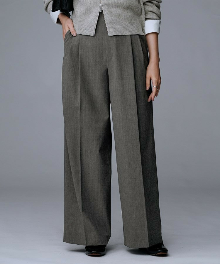 【洗える/ウエスト後ろゴム】ウール混 タックワイドパンツ3