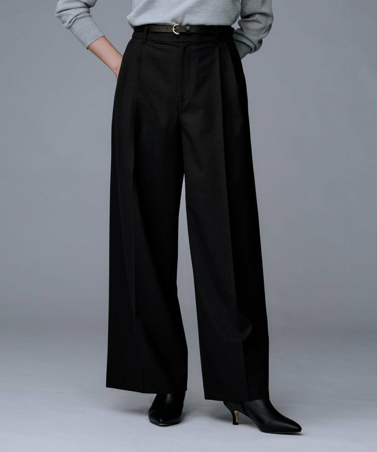 【洗える/ウエスト後ろゴム】ウール混 タックワイドパンツ1