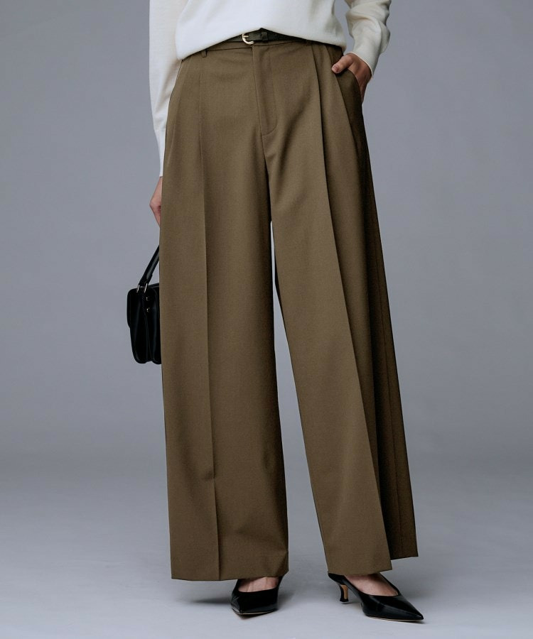 【洗える/ウエスト後ろゴム】ウール混 タックワイドパンツ1