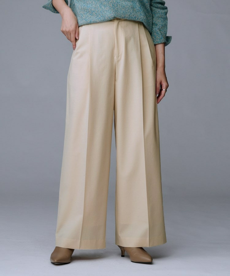 【洗える/ウエスト後ろゴム】ウール混 タックワイドパンツ1