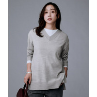【洗える/薄手/ウール100%】Vネックロングウールニット