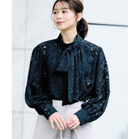 【セレモニー/洗える/シアー】カットジャカード ボウタイブラウス