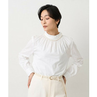 【コットン100/洗える】シャーリングフリルネックブラウス