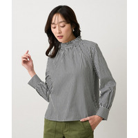 【コットン100/洗える】シャーリングフリルネックブラウス