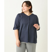 25年春新作【大きいサイズ】Vネックストライプブラウス