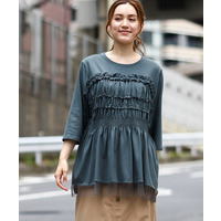 25年夏新作【大きいサイズ/LAVEANGE×eur3】シャーリング異素材ドッキングプルオーバー