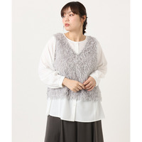 25年秋新作【大きいサイズ】フェザーベスト＋ブラウスセット