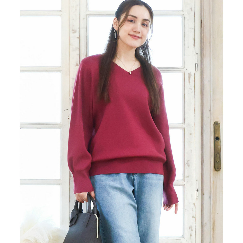 25年秋新作【大きいサイズ】Vネックパフスリーブニット1
