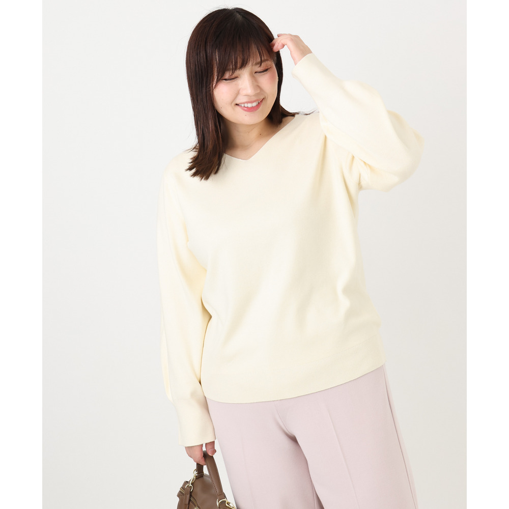 25年秋新作【大きいサイズ】Vネックパフスリーブニット1