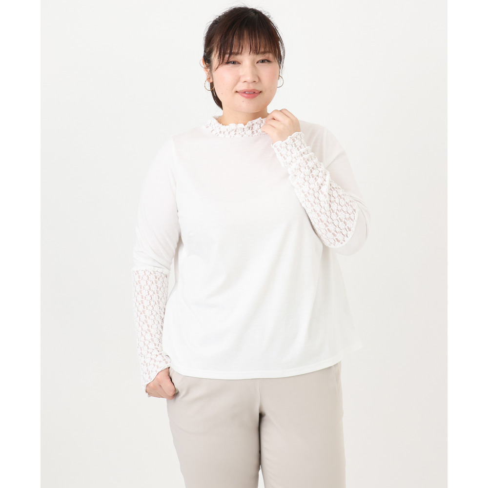 25年冬新作【大きいサイズ】ハイネックレースカットソー1