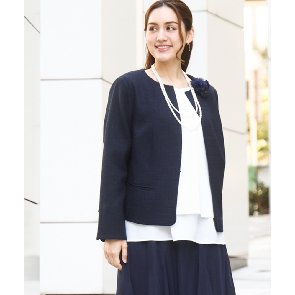 25年冬新作【大きいサイズ】ノーカラーツイードジャケット1