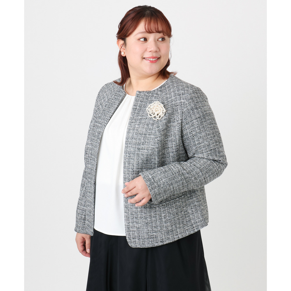 25年冬新作【大きいサイズ】ノーカラーツイードジャケット10