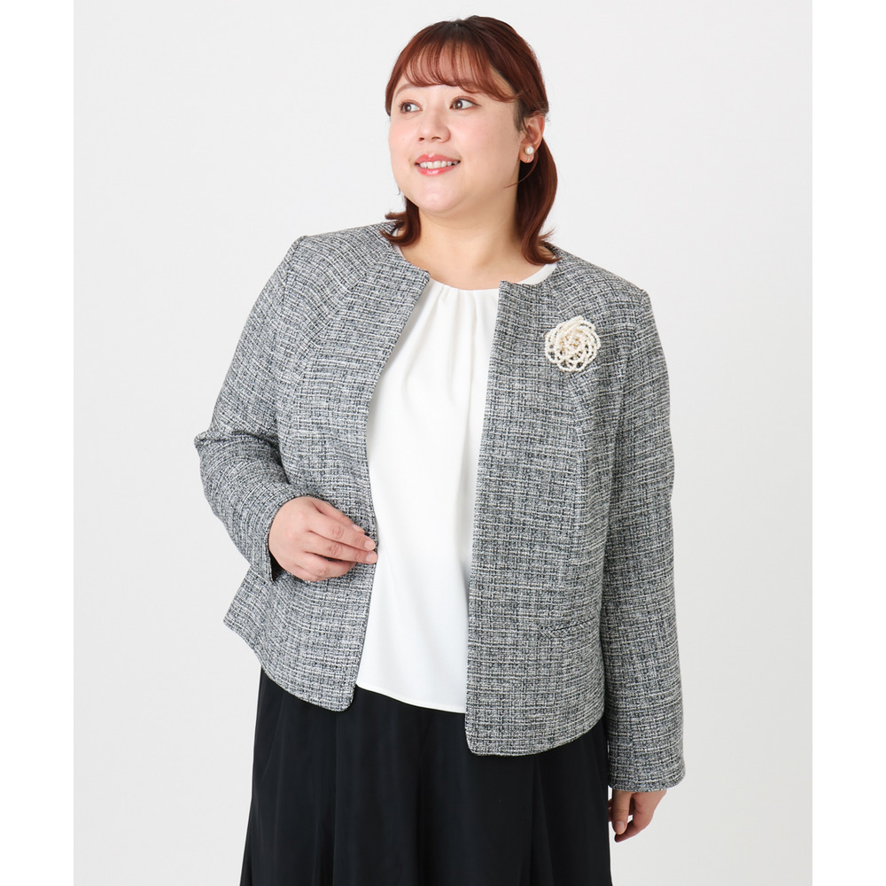 25年冬新作【大きいサイズ】ノーカラーツイードジャケット11