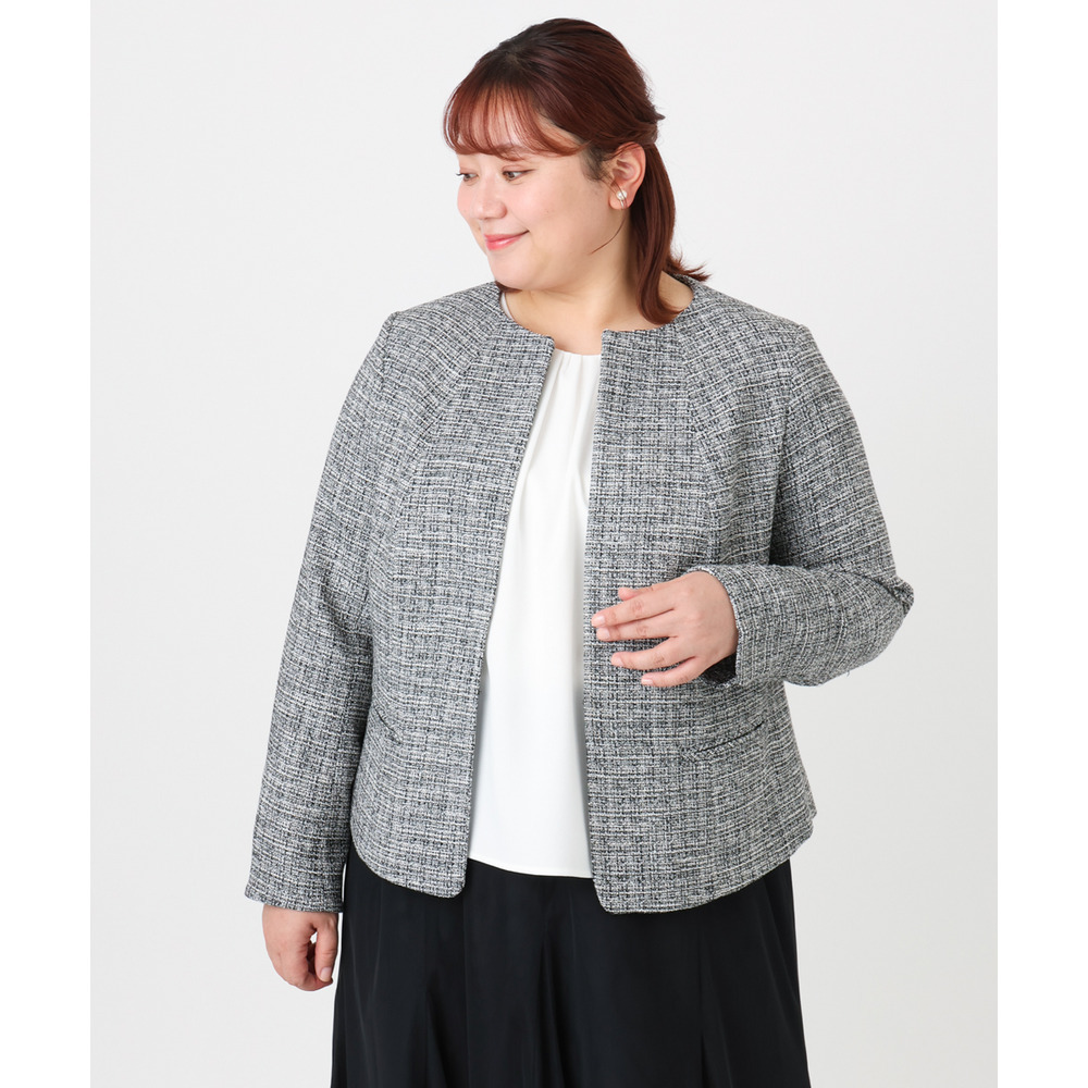 25年冬新作【大きいサイズ】ノーカラーツイードジャケット12